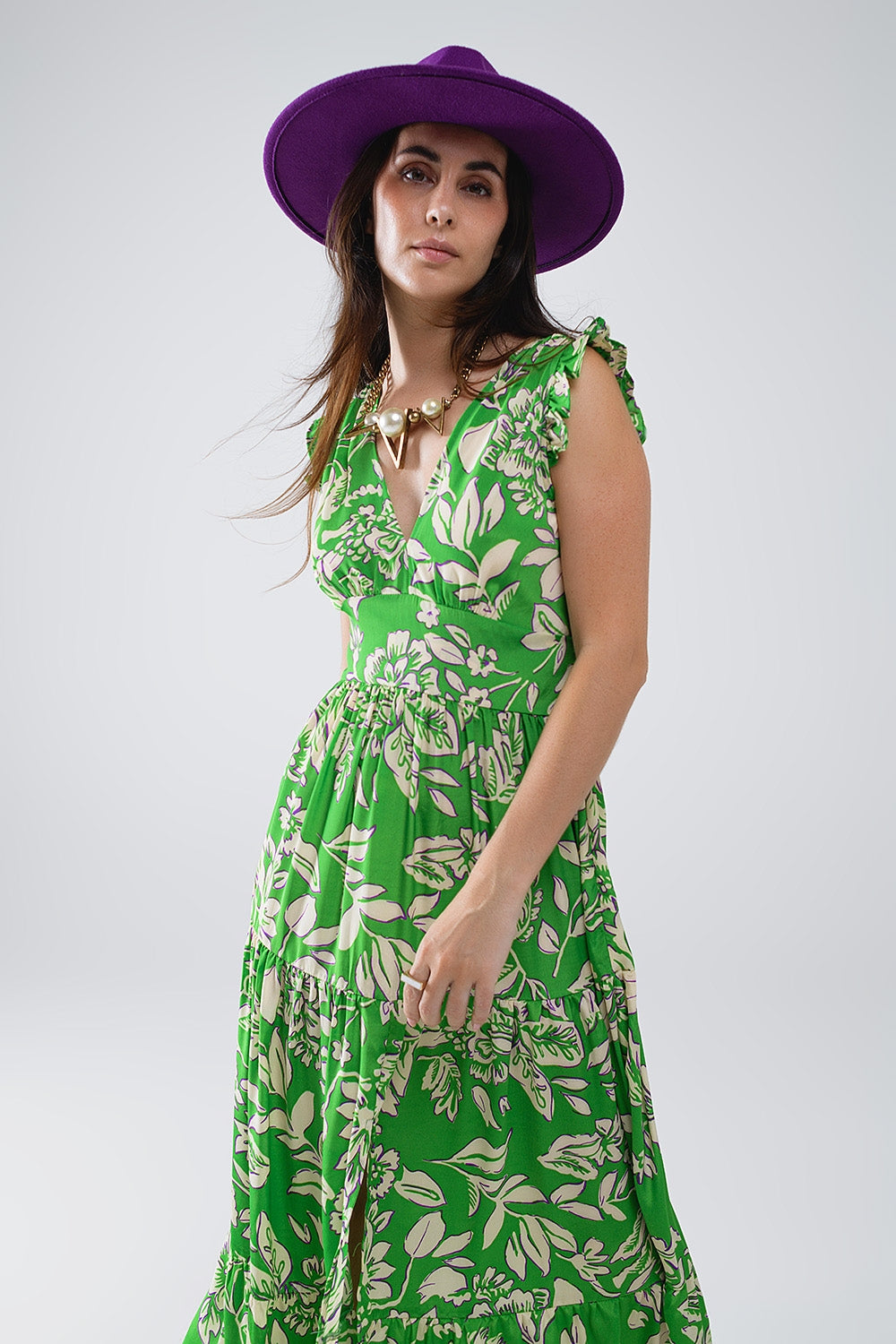 Vestido Maxi Cinched Cintura com estampado floral em verde