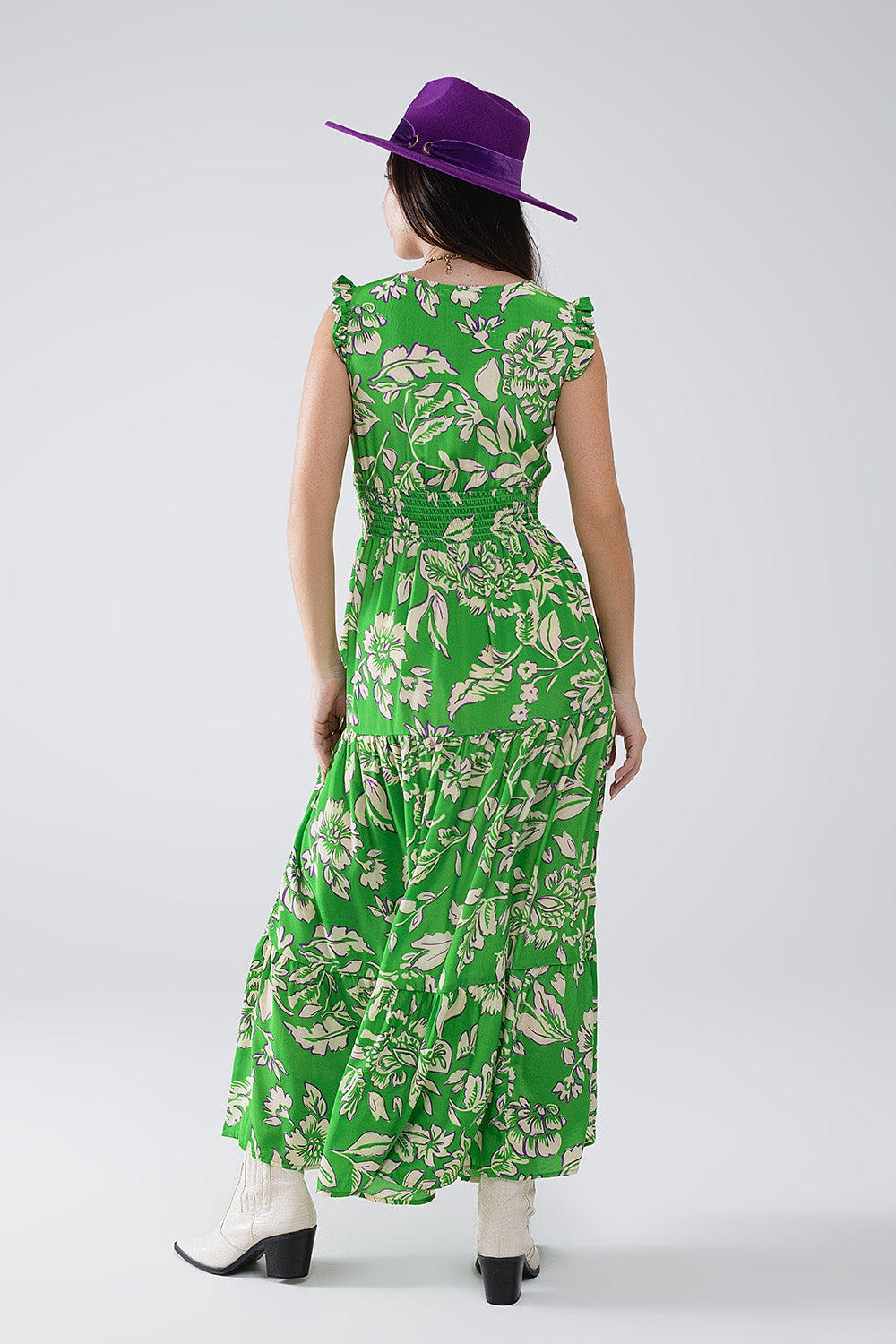Vestido Maxi Cinched Cintura com estampado floral em verde