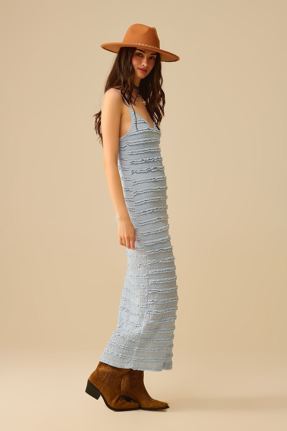 Vestido Maxi com folhos e fenda em azul