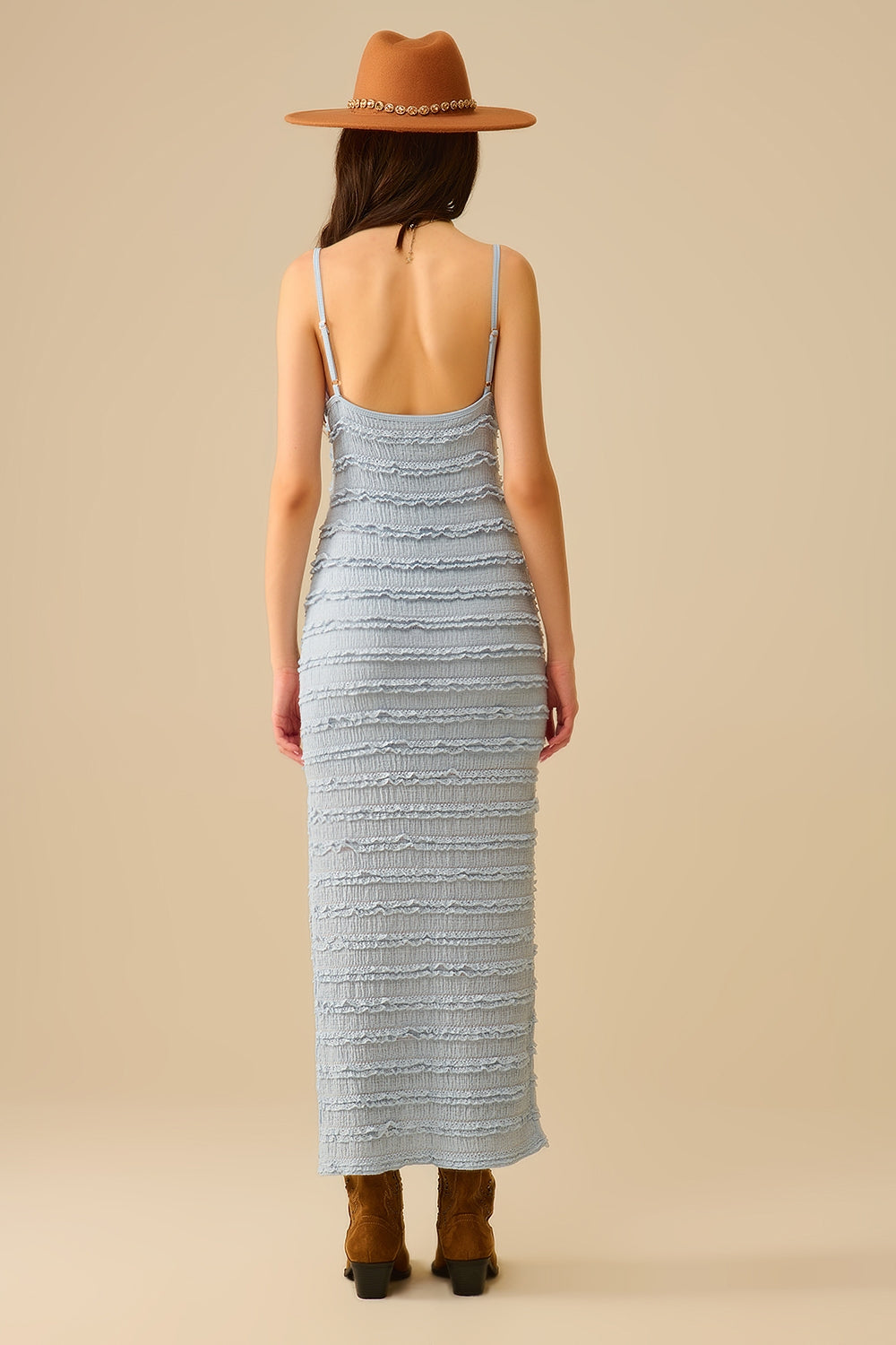 Vestido Maxi com folhos e fenda em azul