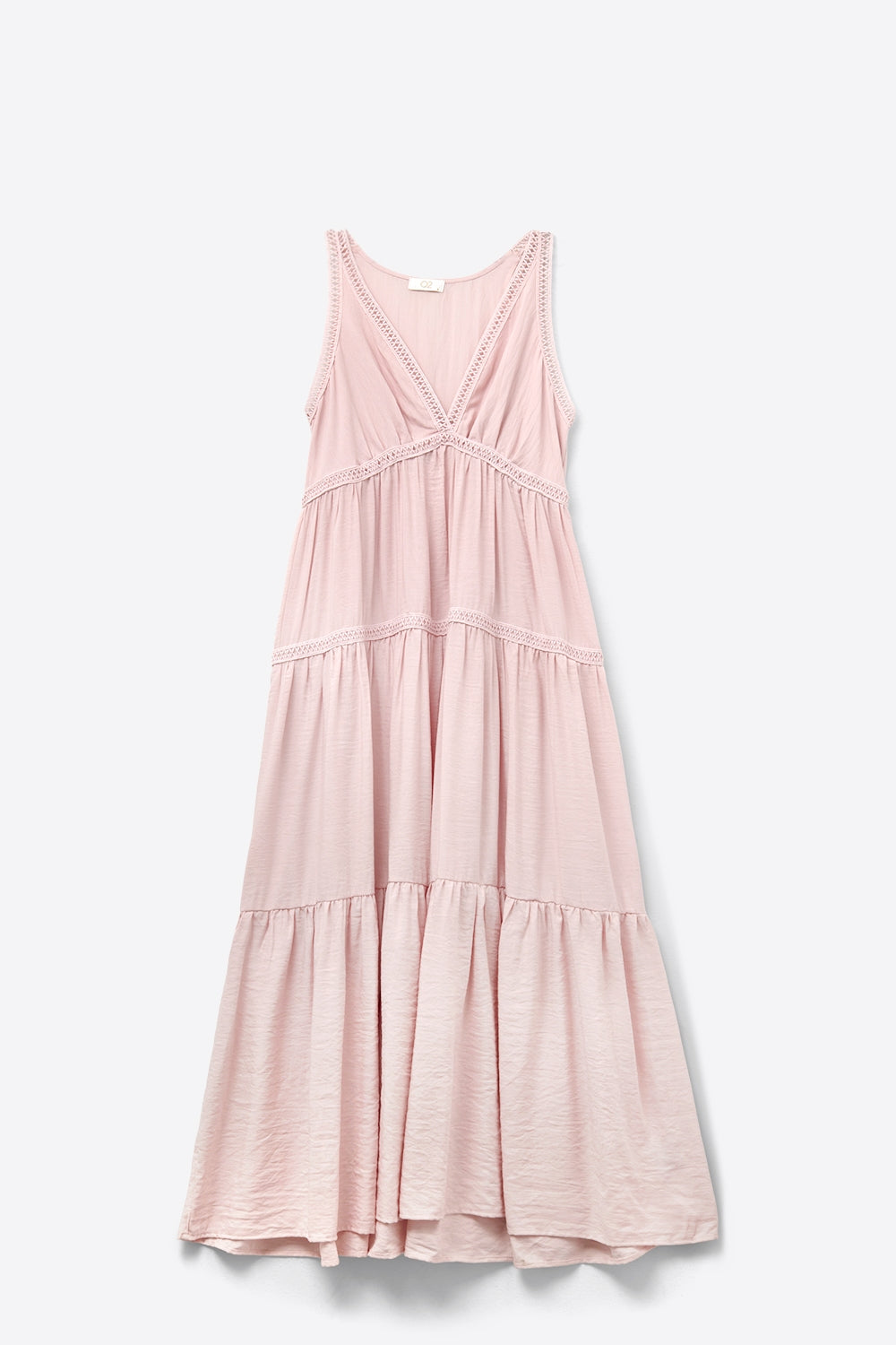 Vestido maxi cor-de-rosa com detalhes em renda e estilo boho