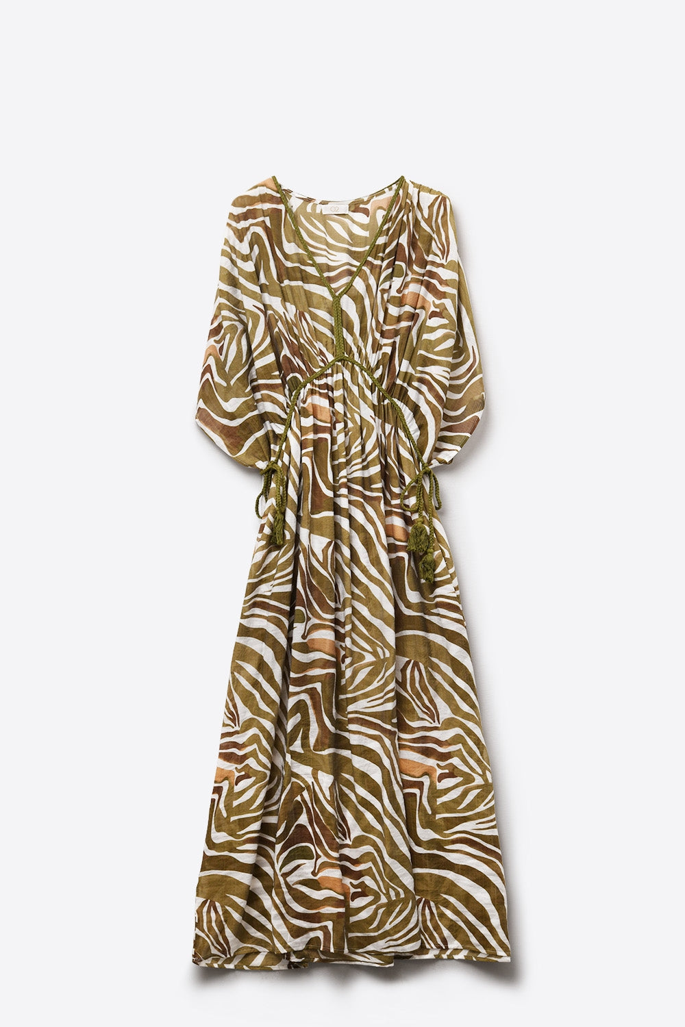 Vestido Maxi em chiffon caqui com estampado de zebra e cintura com cordão