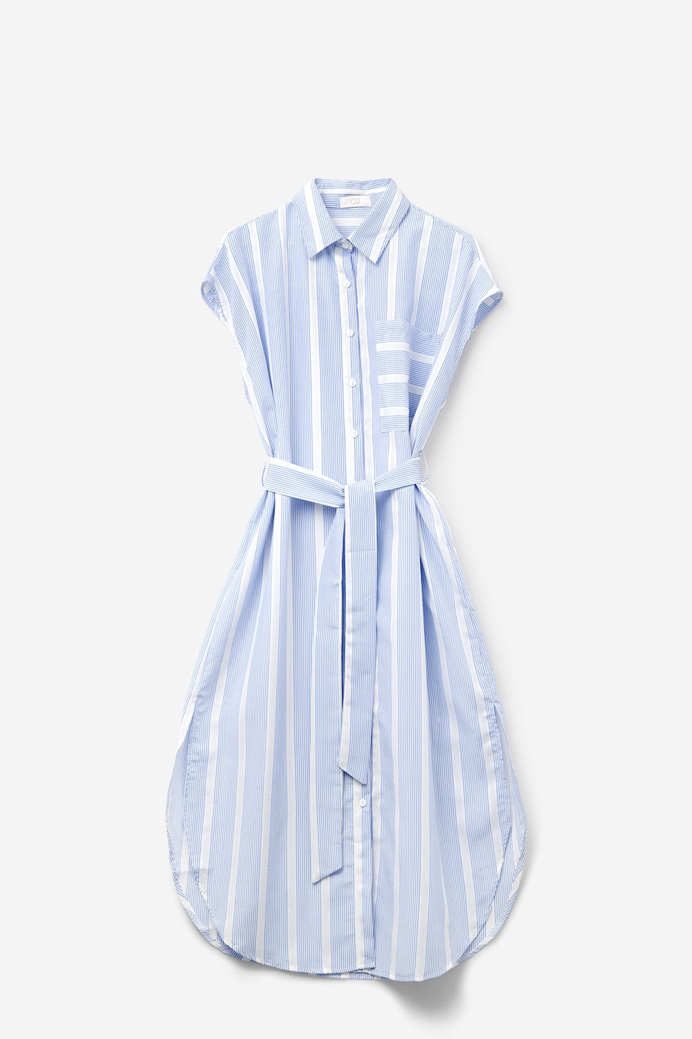 Vestido maxi sem mangas às riscas azuis e brancas