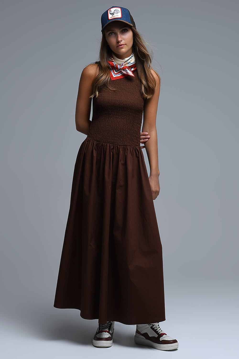 Vestido Maxi Smocked Popeline castanho