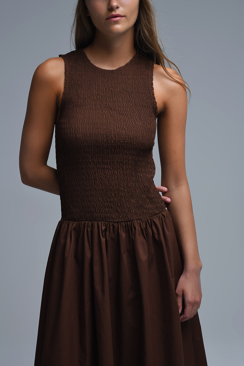 Vestido Maxi Smocked Popeline castanho