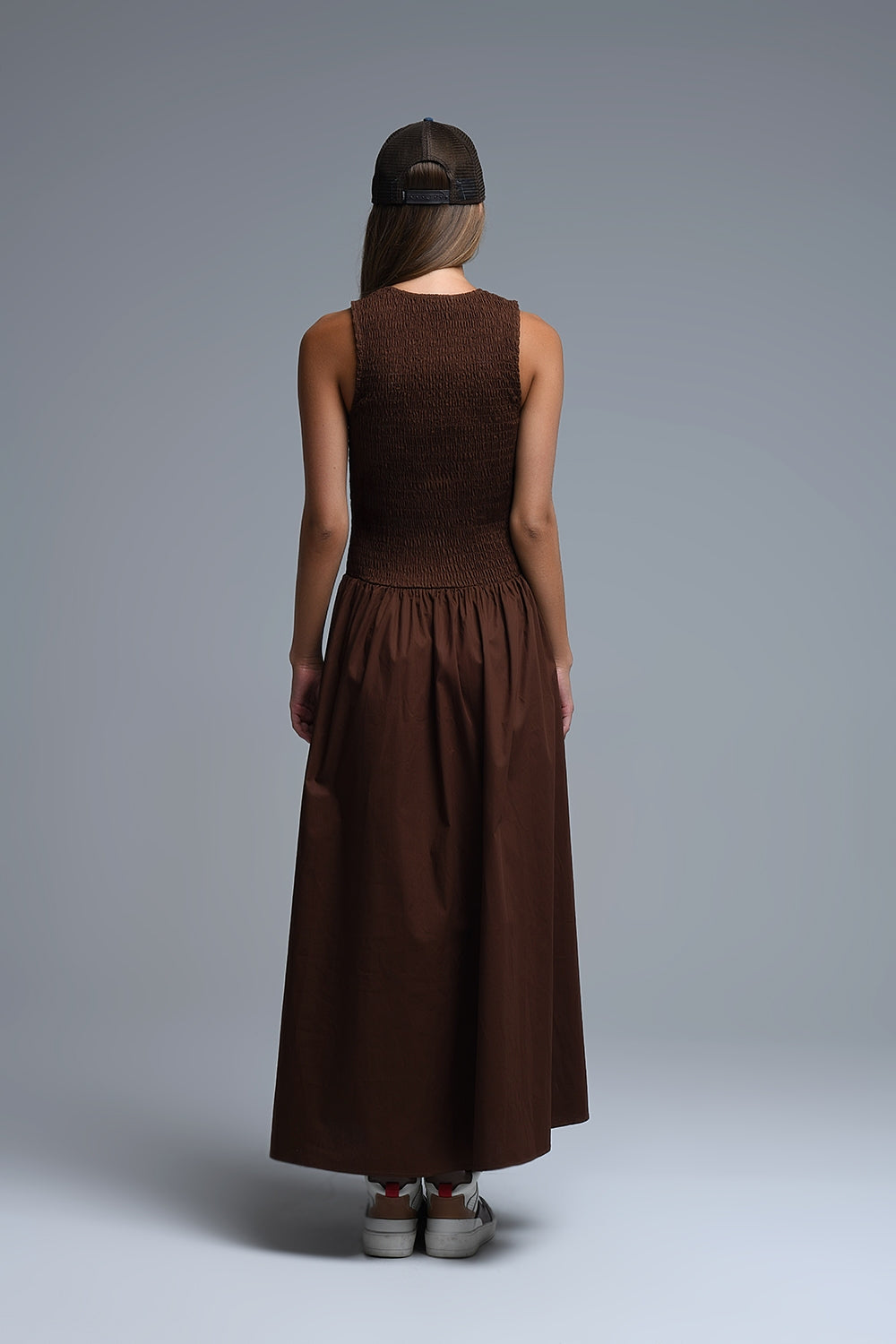 Vestido Maxi Smocked Popeline castanho
