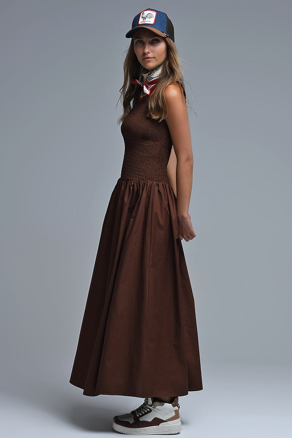 Vestido Maxi Smocked Popeline castanho