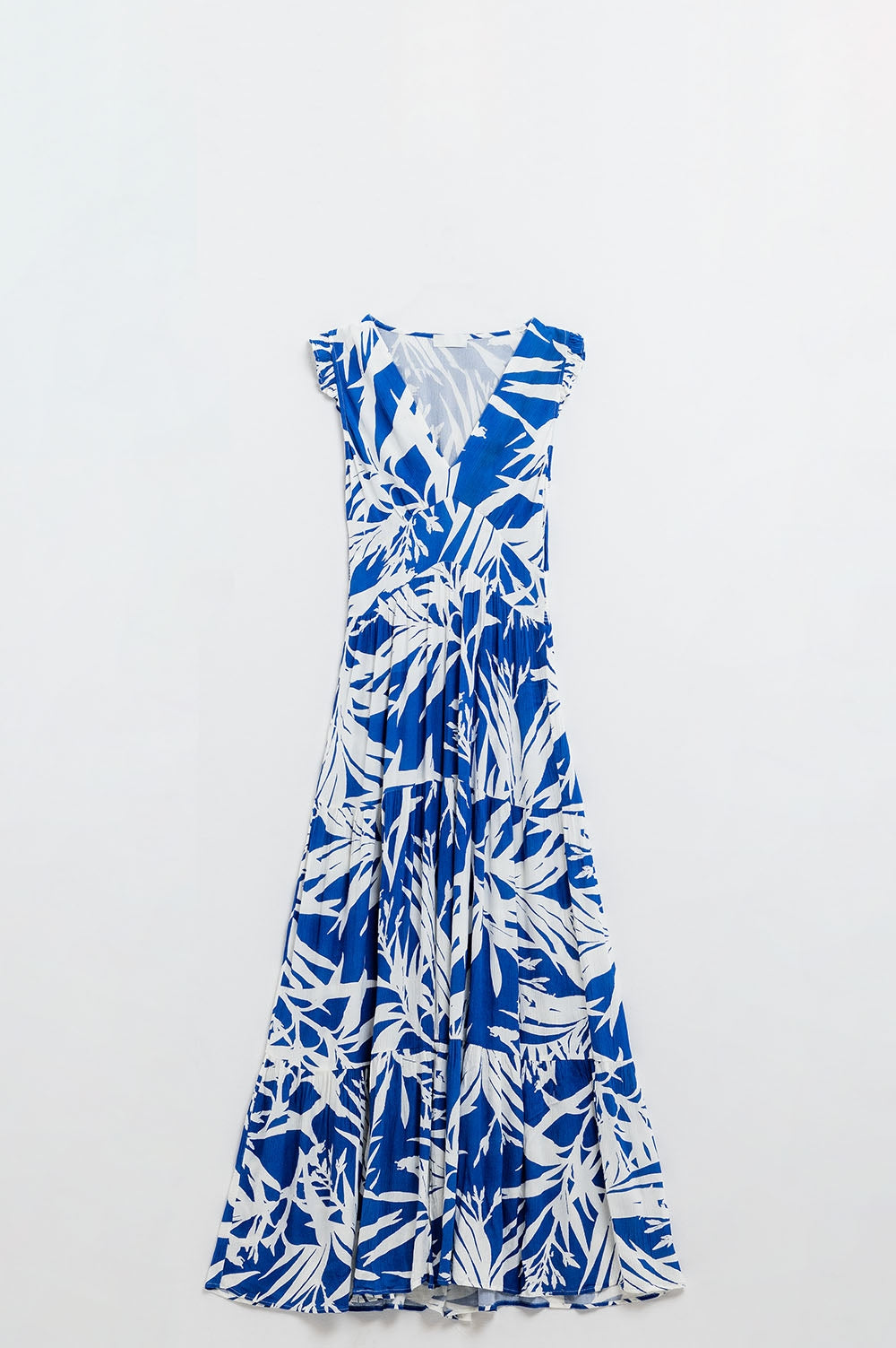 Vestido Maxi Tropical Print com decote em V e fenda em azul