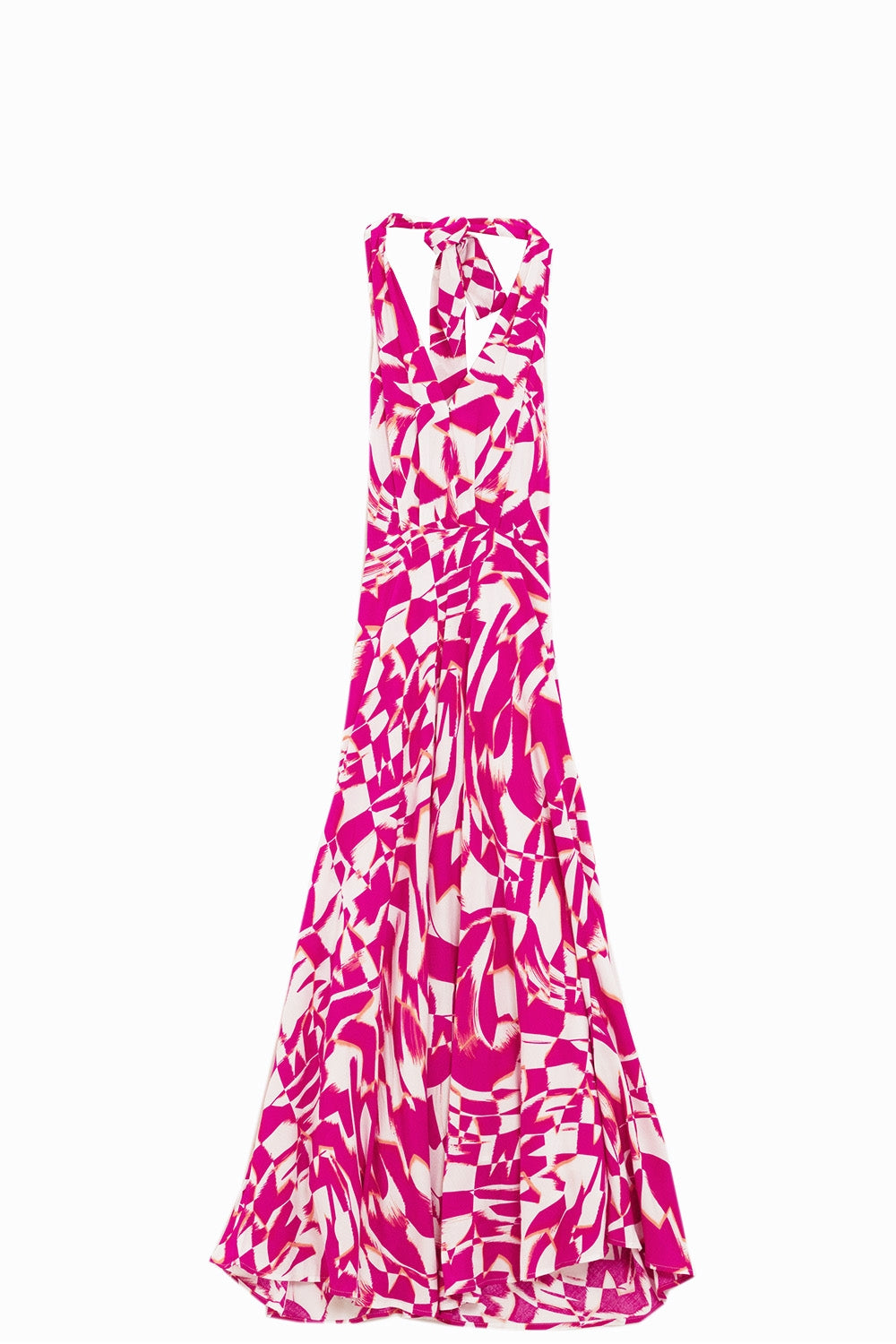 Vestido Midi Halter com cintura subida em estampado abstrato fúcsia e branco