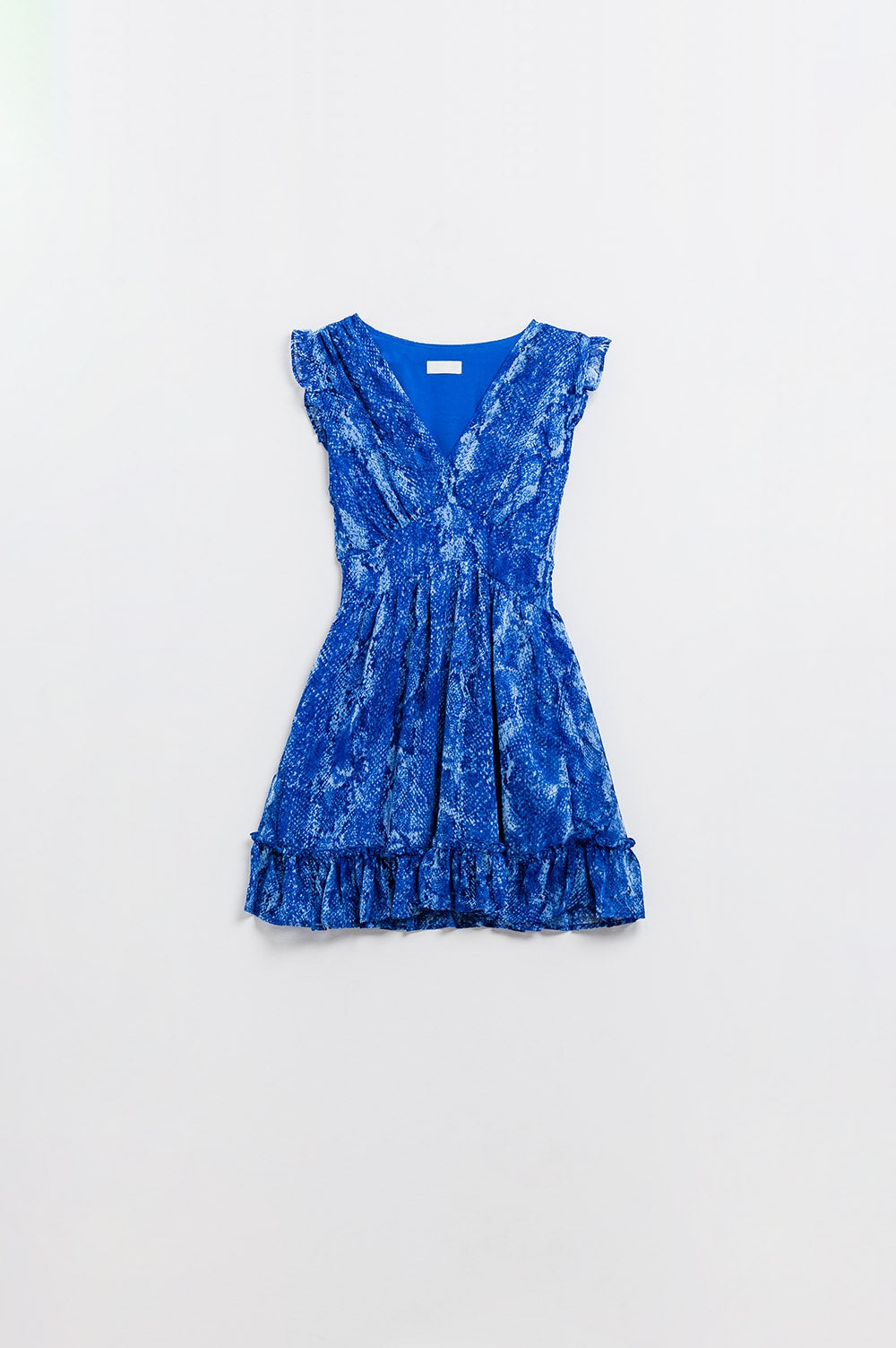 Vestido skater de cintura subida em estampado azul cobra com fio de lurex dourado