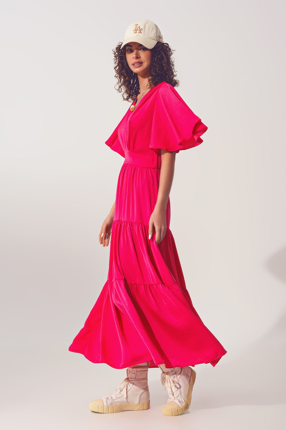 Vestido Smock V Pescoço Maxi em fucsia
