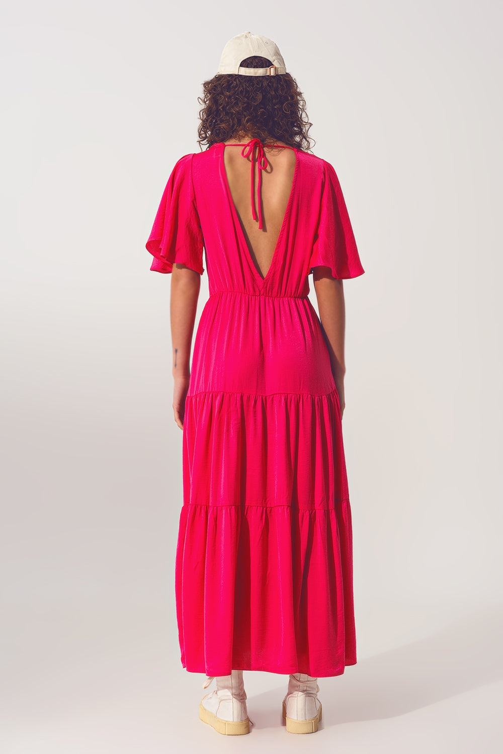 Vestido Smock V Pescoço Maxi em fucsia