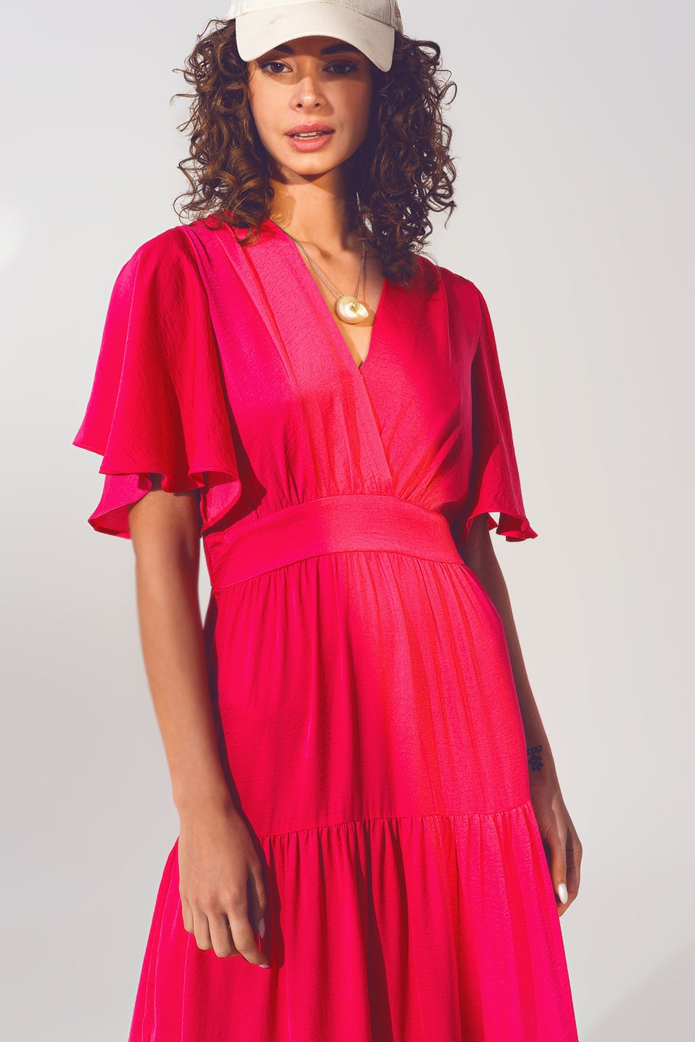 Vestido Smock V Pescoço Maxi em fucsia