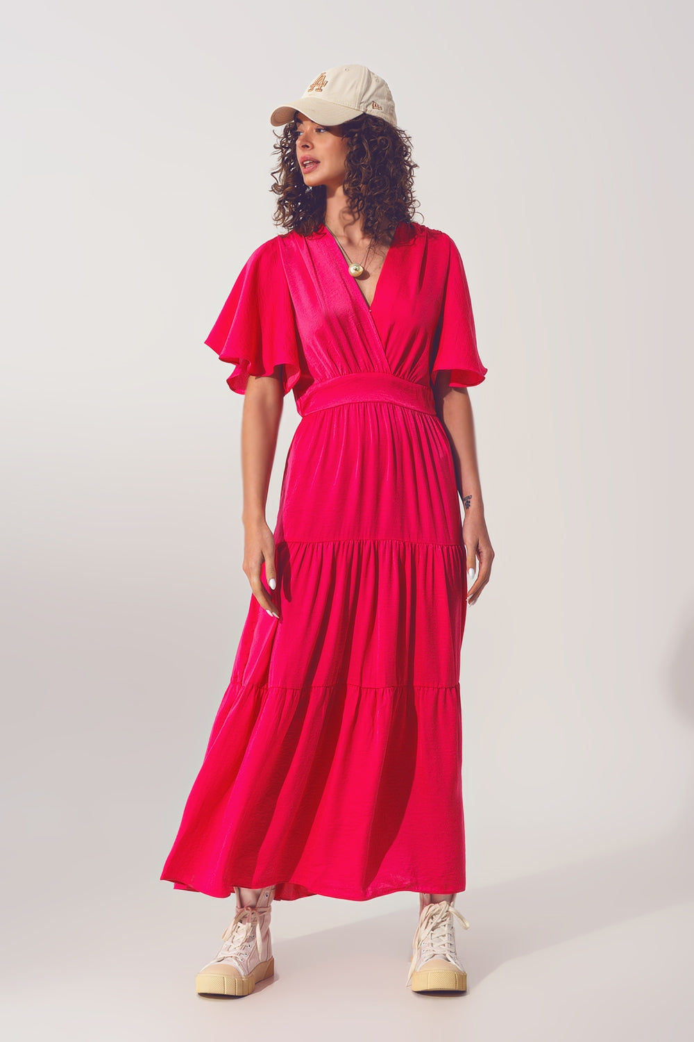 Vestido Smock V Pescoço Maxi em fucsia