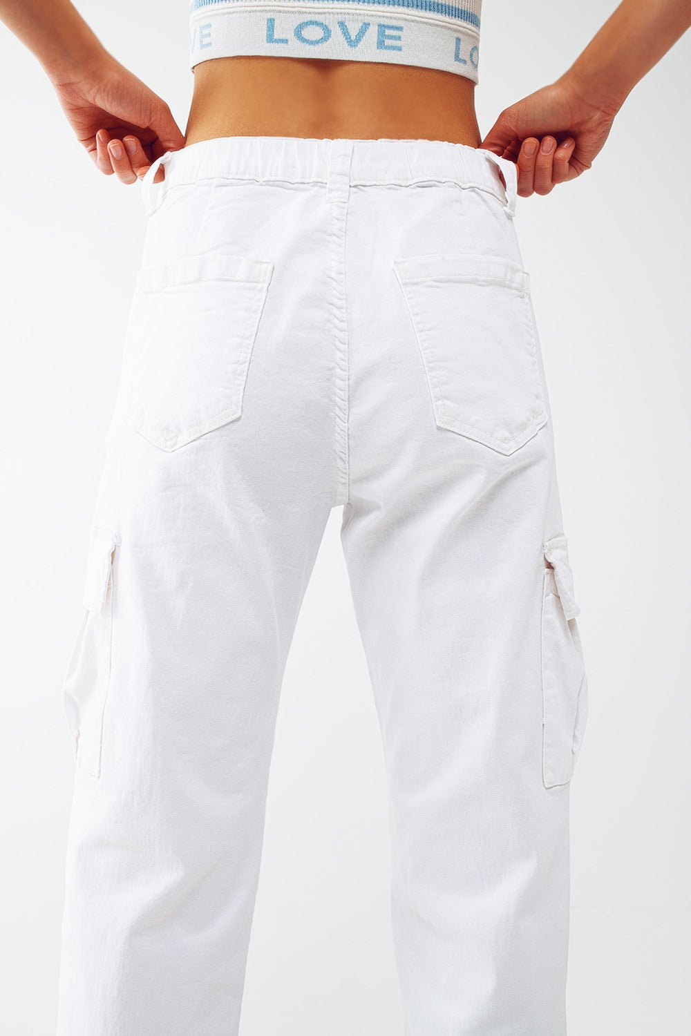 white cargo pants with elasticated waist and hem