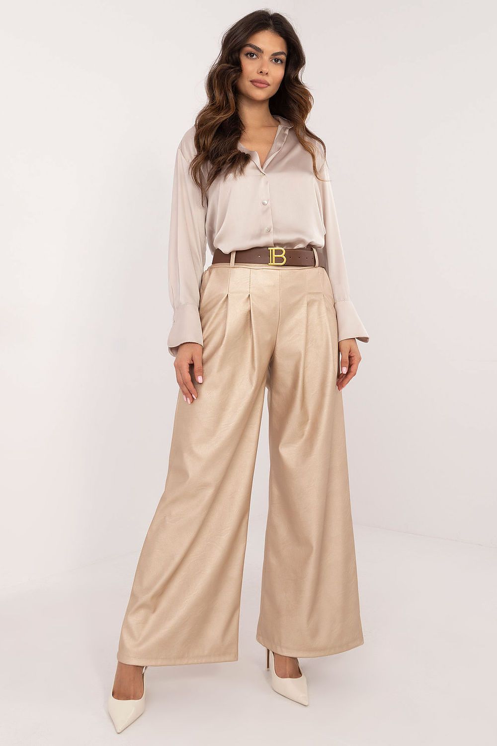 Italy Moda beige wide leg faux leather trousers styled with a taupe blouse and brown belt