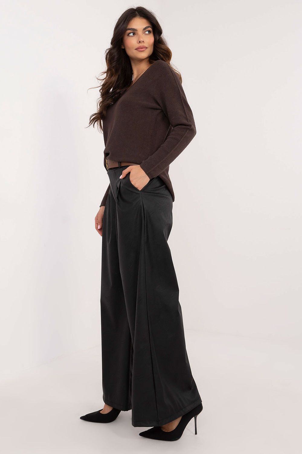 Italy Moda wide leg faux leather trousers in black worn with brown sweater and black heels