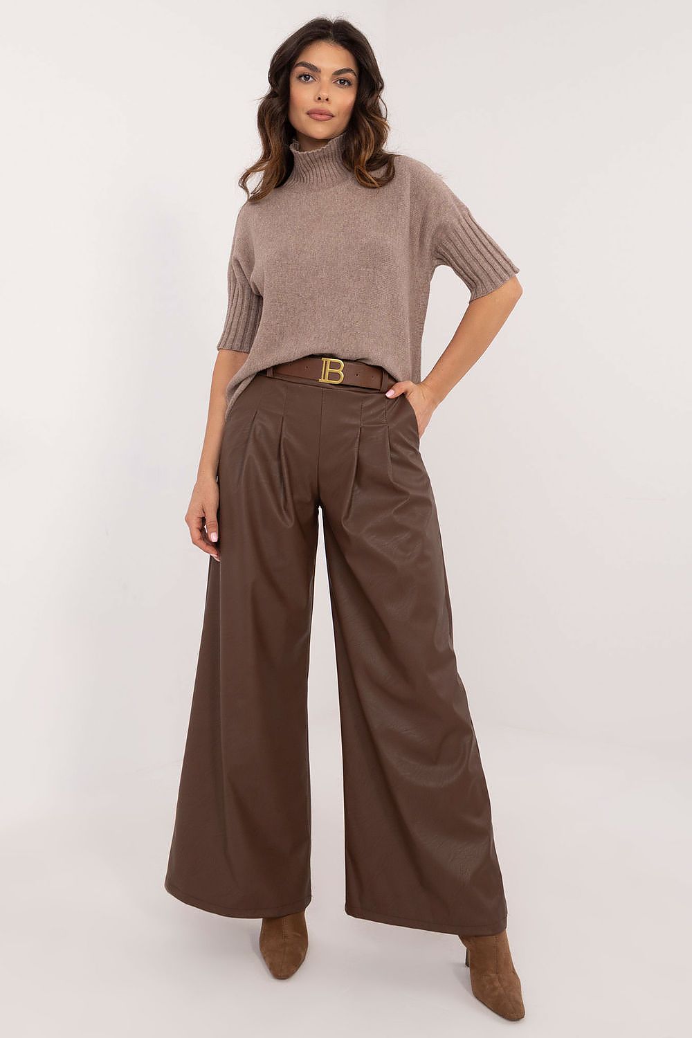 Italy Moda wide leg faux leather trousers in brown worn with a taupe knit top and brown ankle boots