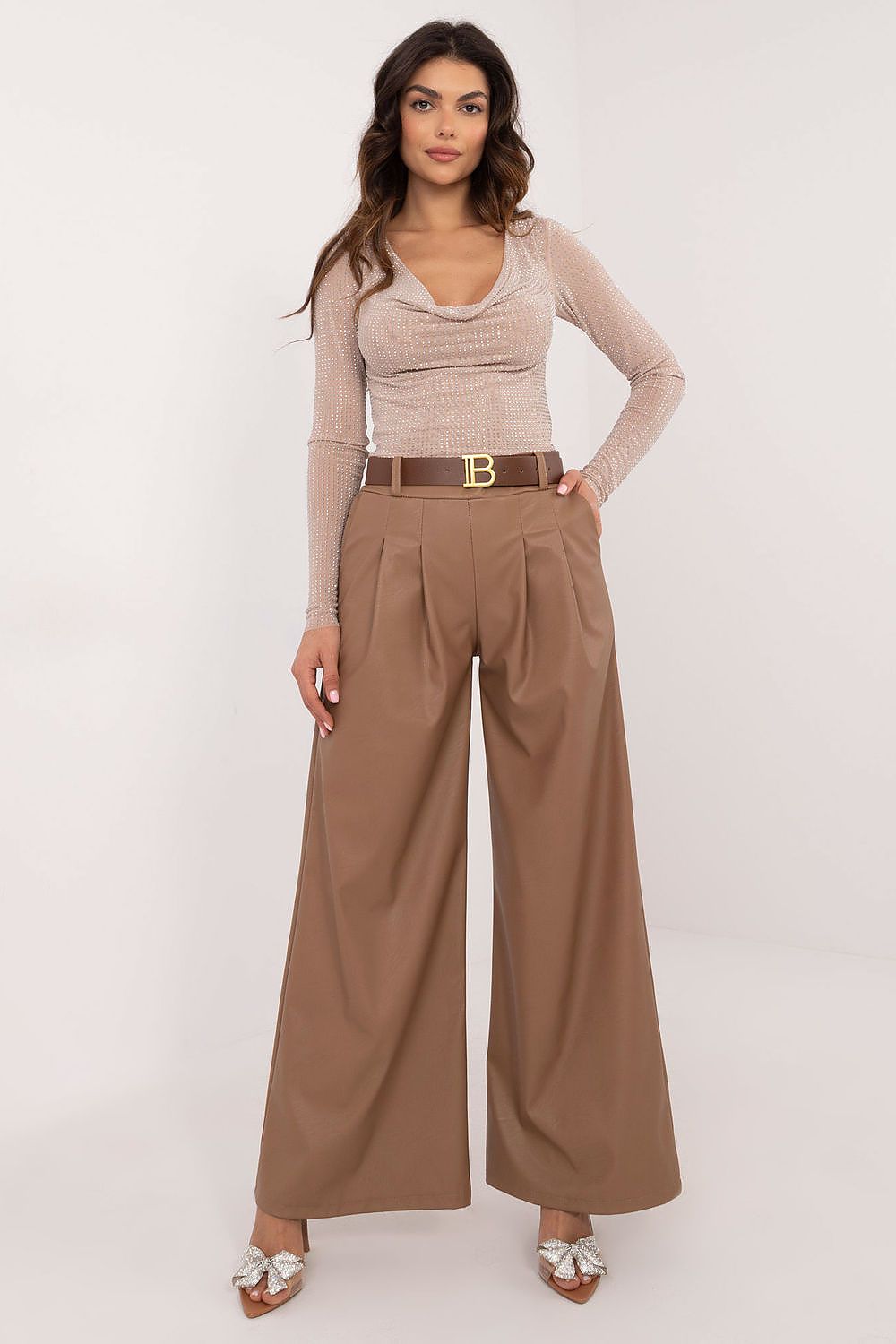 Italy Moda wide leg faux leather trousers in brown worn with beige top and belt
