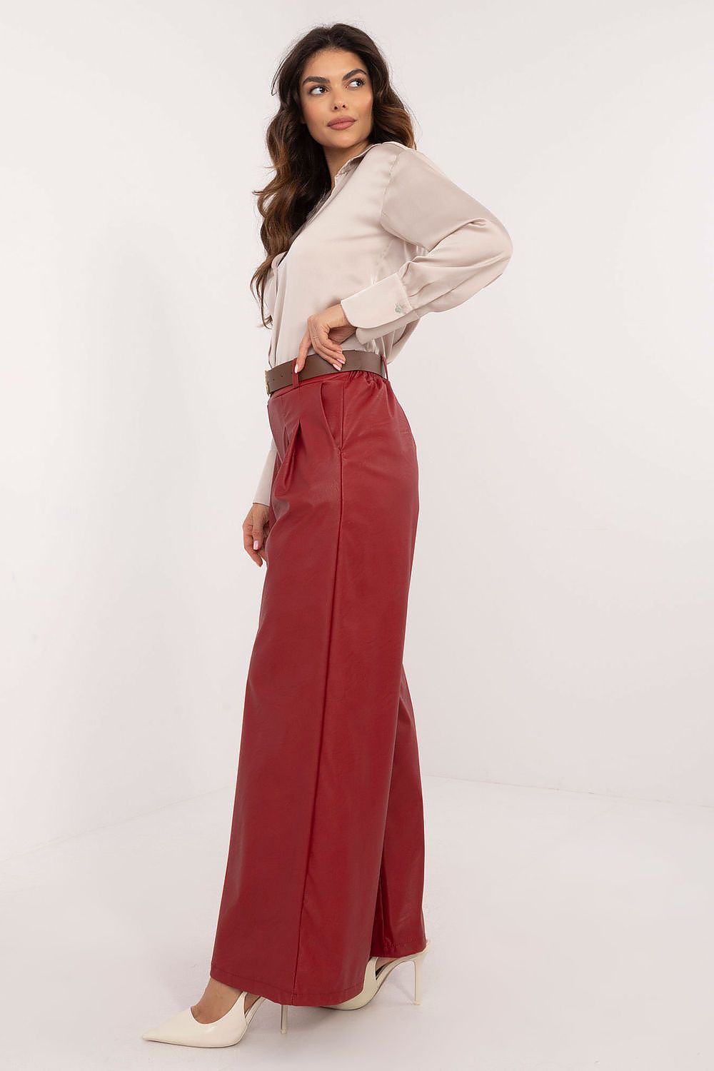 Italy Moda wide leg faux leather trousers in red worn with beige blouse and white heels