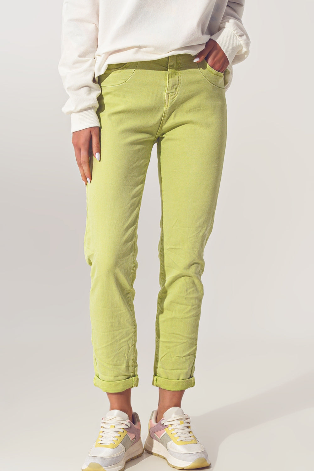Jeans Skinny Amassado em Verde Limão