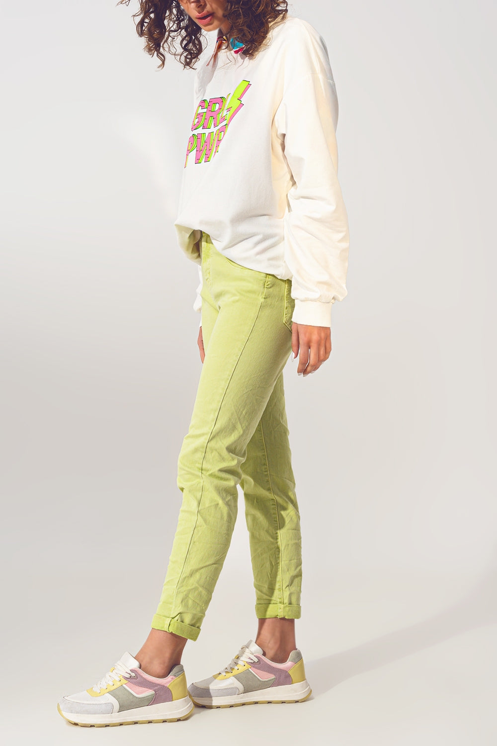 Jeans Skinny Amassado em Verde Limão