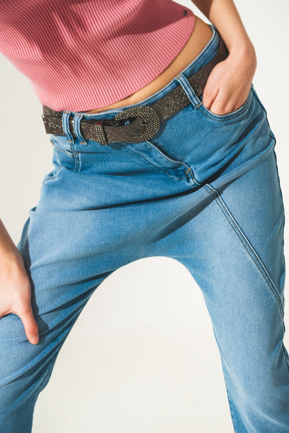 Jeans largo dos anos 90 em lavagem vintage azul