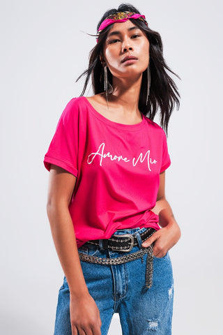 Camiseta com slogan Amore mio em fúcsia