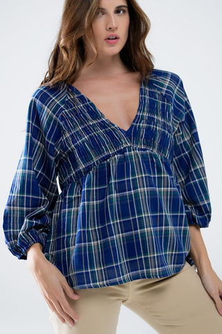 Camisa Babydoll Xadrez Azul e Verde