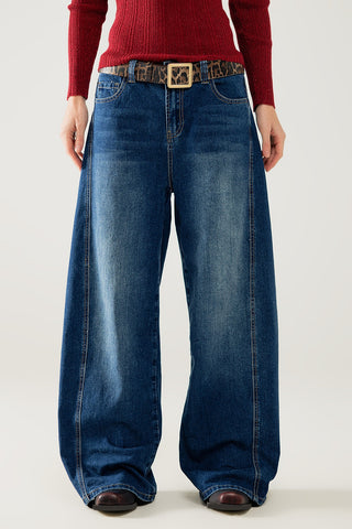 jeans largo balão com lavagem média