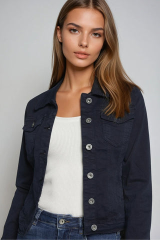 Jaqueta Jeans Básica Com Bolsos Azul Marinho