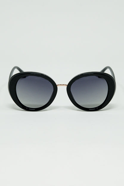 Q2 Black Oval Shaped Sunglasses with metal gold detail