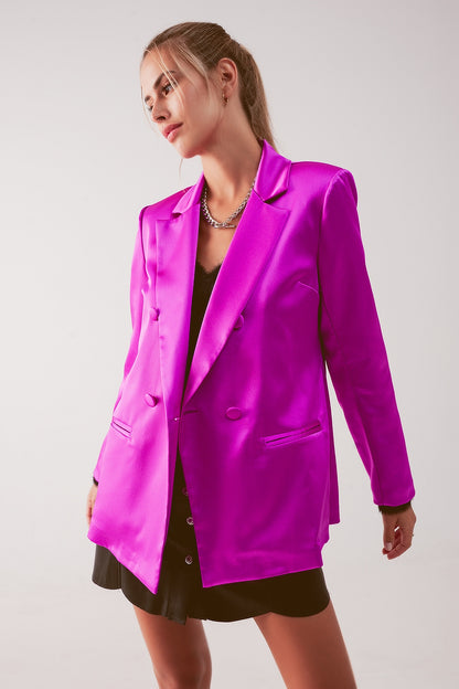 Q2 Blazer de fato de cetim com duplo peito em fuchsia