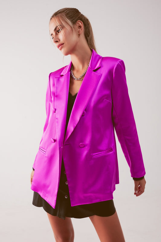 Q2 Blazer de fato de cetim com duplo peito em fuchsia