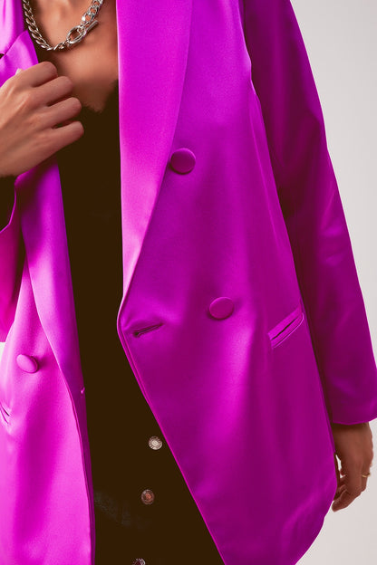 Blazer de fato de cetim com peito duplo em fúcsia