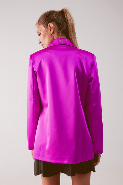 Blazer de fato de cetim com peito duplo em fúcsia