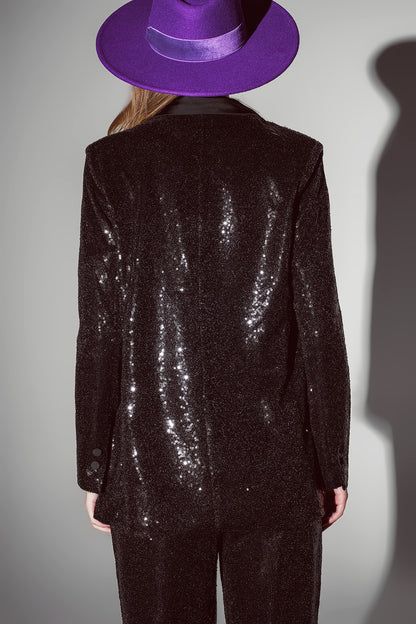 Blazer de lantejoulas preto com lapelas de smoking de cetim