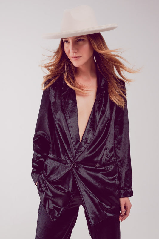 Q2 Blazer de veludo preto oversize
