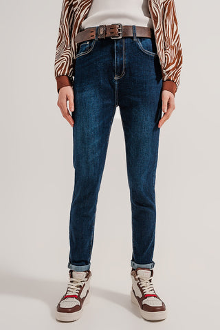 Jeans de perna reta de algodão misto em azul médio