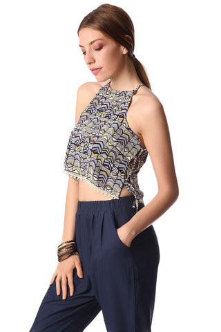 Top curto estampado azul com detalhe de amarrar na lateral