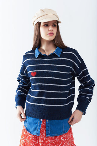Blue striped sweater with red heart detail