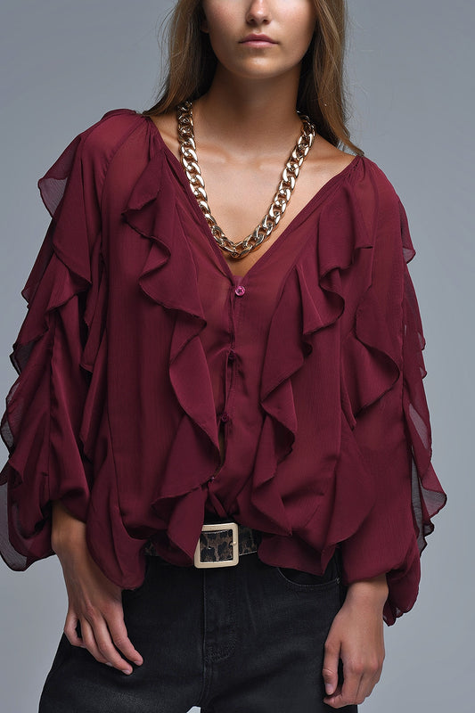 Q2 Blusa borgonha com decote em V e folhos