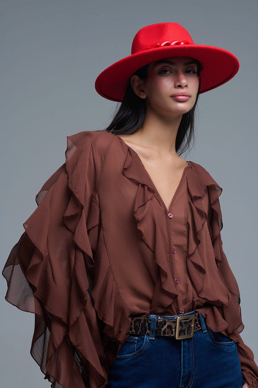 Q2 Blusa castanha com decote em V e folhos