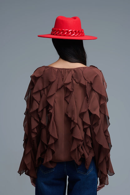 Blusa castanha com decote em V e folhos