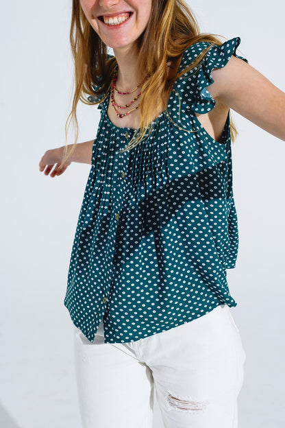 Blusa com botões mangas curtas com folhos e estampado de flores em verde