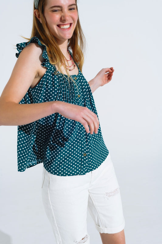 Q2 Blusa com botões mangas curtas com folhos e estampado de flores em verde