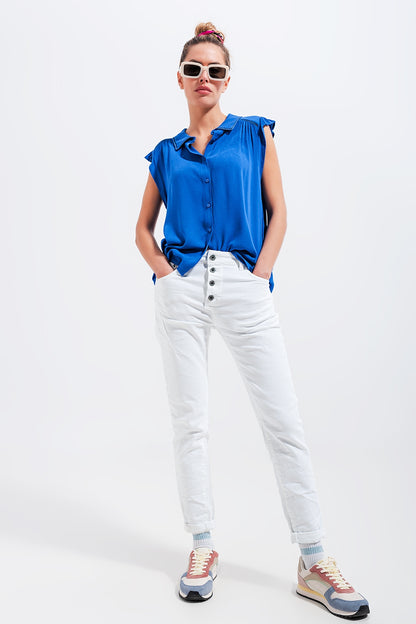 Blusa com mangas de rufos em azul