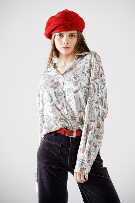 Q2 Blusa de cetim com estampado de flores em cinzento