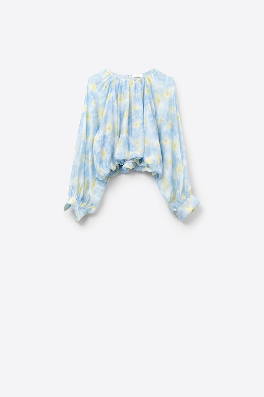 Q2 Blusa de chiffon azul estampada com mangas balão