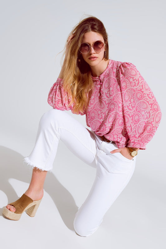Q2 Blusa de chiffon cor-de-rosa com estampado floral e mangas compridas em balão